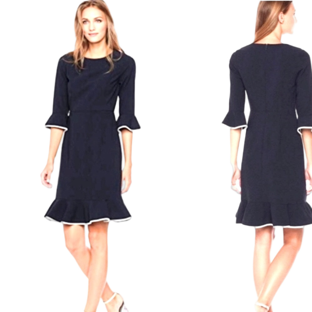 Nanette Lepore Navy Blue White Ruffle Midi Dress Long Sleeve Size 4